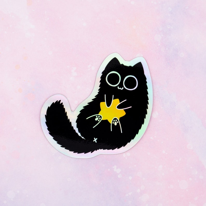 Star Hugger Bean Holographic Vinyl Sticker / Black Cat Weatherproof Cute Kawaii Sticker, Gift for Cat Lovers image 1