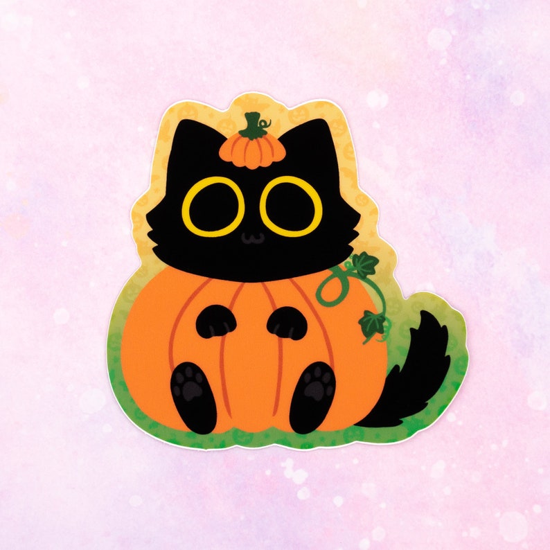 Halloween Cat Sticker Pack / Cute Black Kitty Pumpkin, Calico Witch / Waterproof Vinyl Decal Black Pumpkin