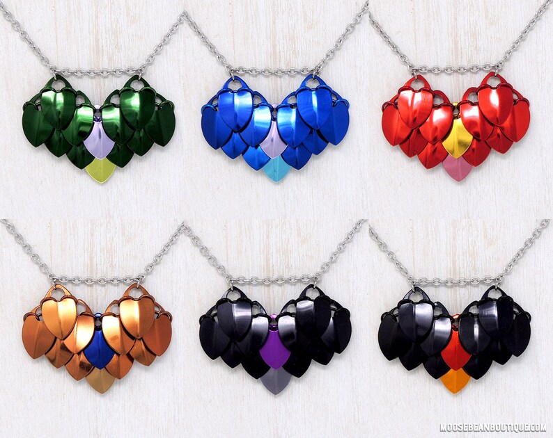 Dragon Scale Heart Pendant / Aluminum Chainmaille Necklace / Green, Blue, Red, Bronze, Black Flights / Fantasy & Gamer Gifts / Steel image 1