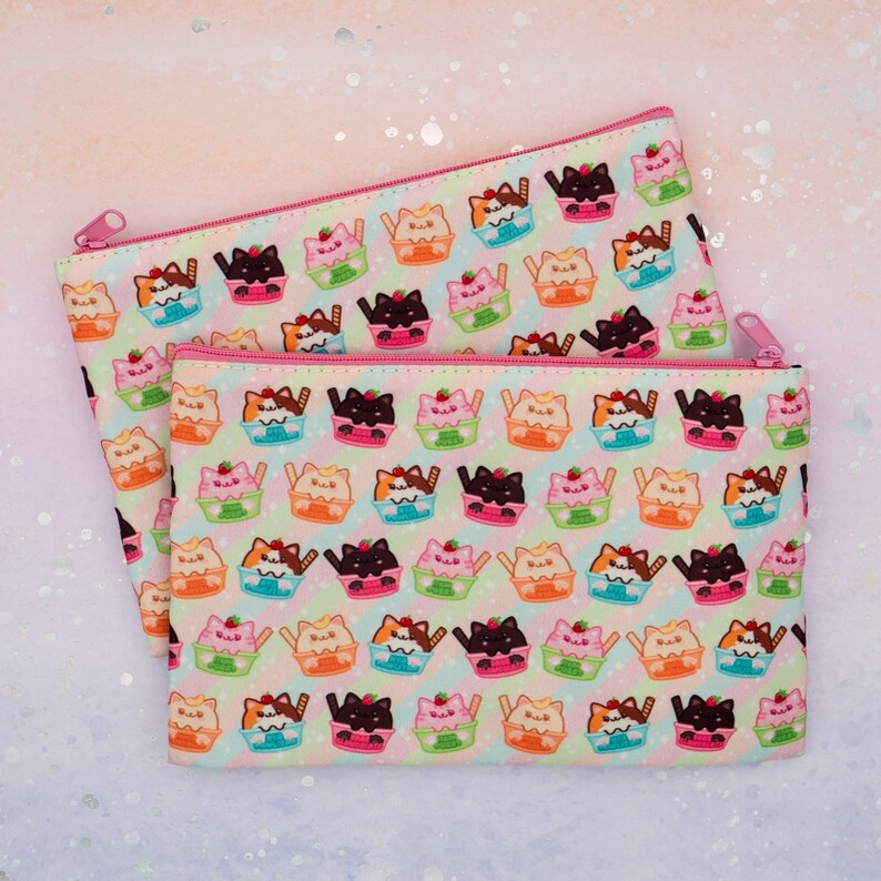 Ice Cream Cats Large Pouch / Cute Kawaii Cat Pattern Cosmetic or Crafts Bag with inside zipper Multi-Pattern