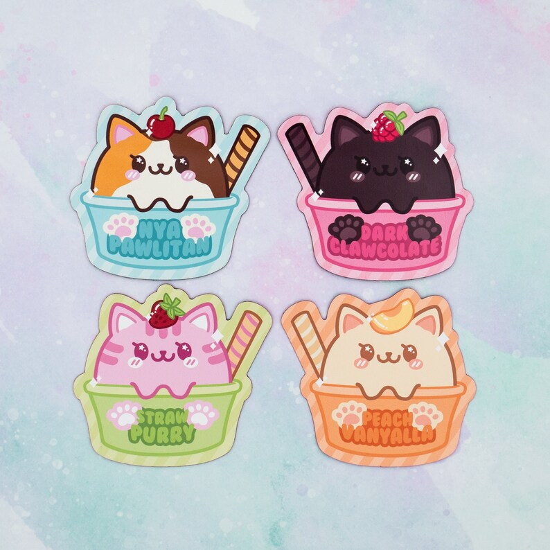 Cat Ice Cream Fridge Magnets / 3 Cute Kawaii Cat Magnets, Great Gift for Cat Lovers / Choose Calico, Black, Tabby, or White Cat Full Set