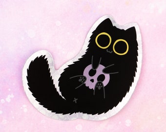 Black Cat Metallic Sticker / Cute Skull Kitty Halloween / Waterproof Vinyl Decal