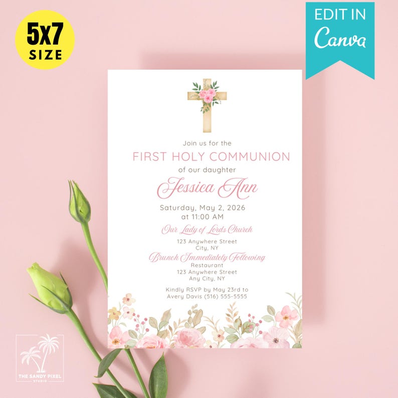 Elegant Floral First Holy Communion Invitation | Editable Girl ...