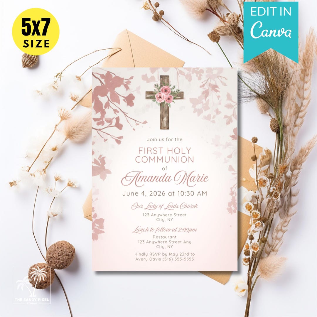 Blush Floral First Holy Communion Invitation | Girl Communion Invite ...