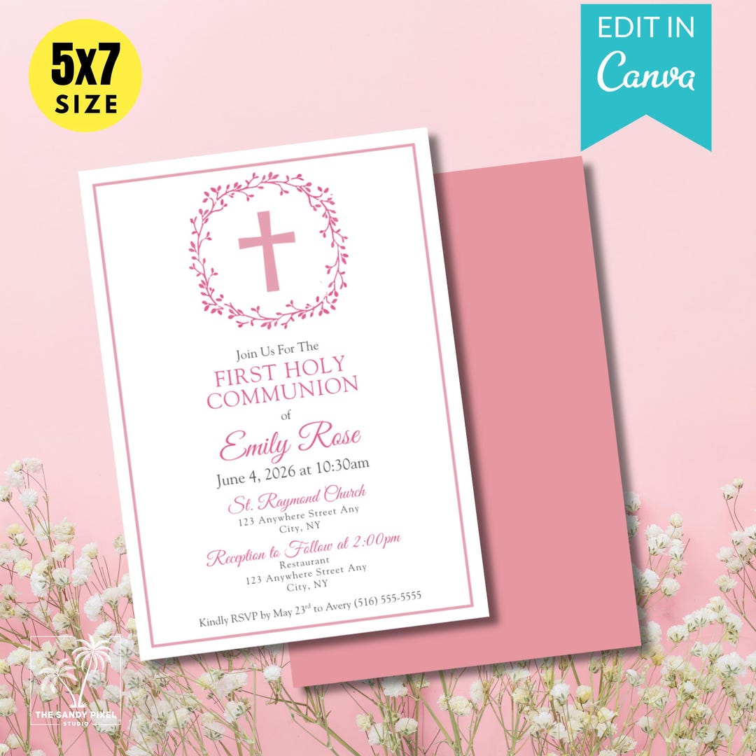 Pink First Holy Communion Invitation Template | Editable Girl Communion ...