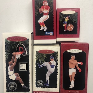 Sports greats , Ali, Montana, Shaq,  Football boxing hallmark ornament collection MIB