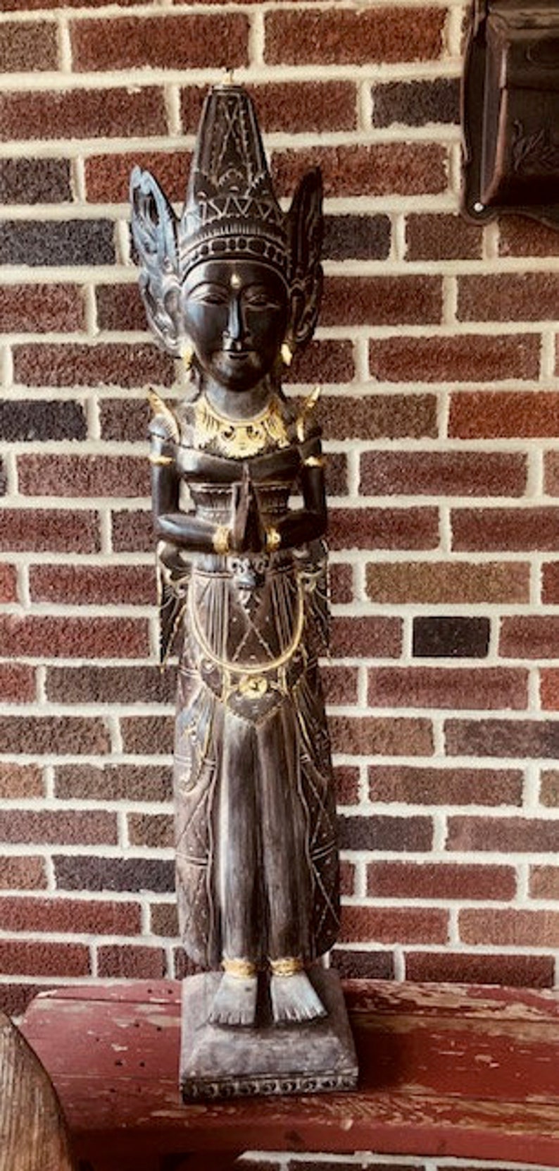Tall Hindu Goddess 3.5 wood carved figure 42 Indonesian import 24 k gold image 1