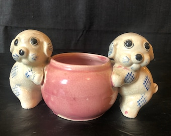 Pugs - Bug eyed dogs planter; outstanding occupied Japan planter of bone china japan circa 1949