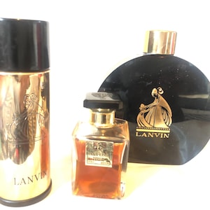 Talco Lanvin Arpege lleno y colonia perfume 1/2 en botella de vidrio y cobre 3/4 llena