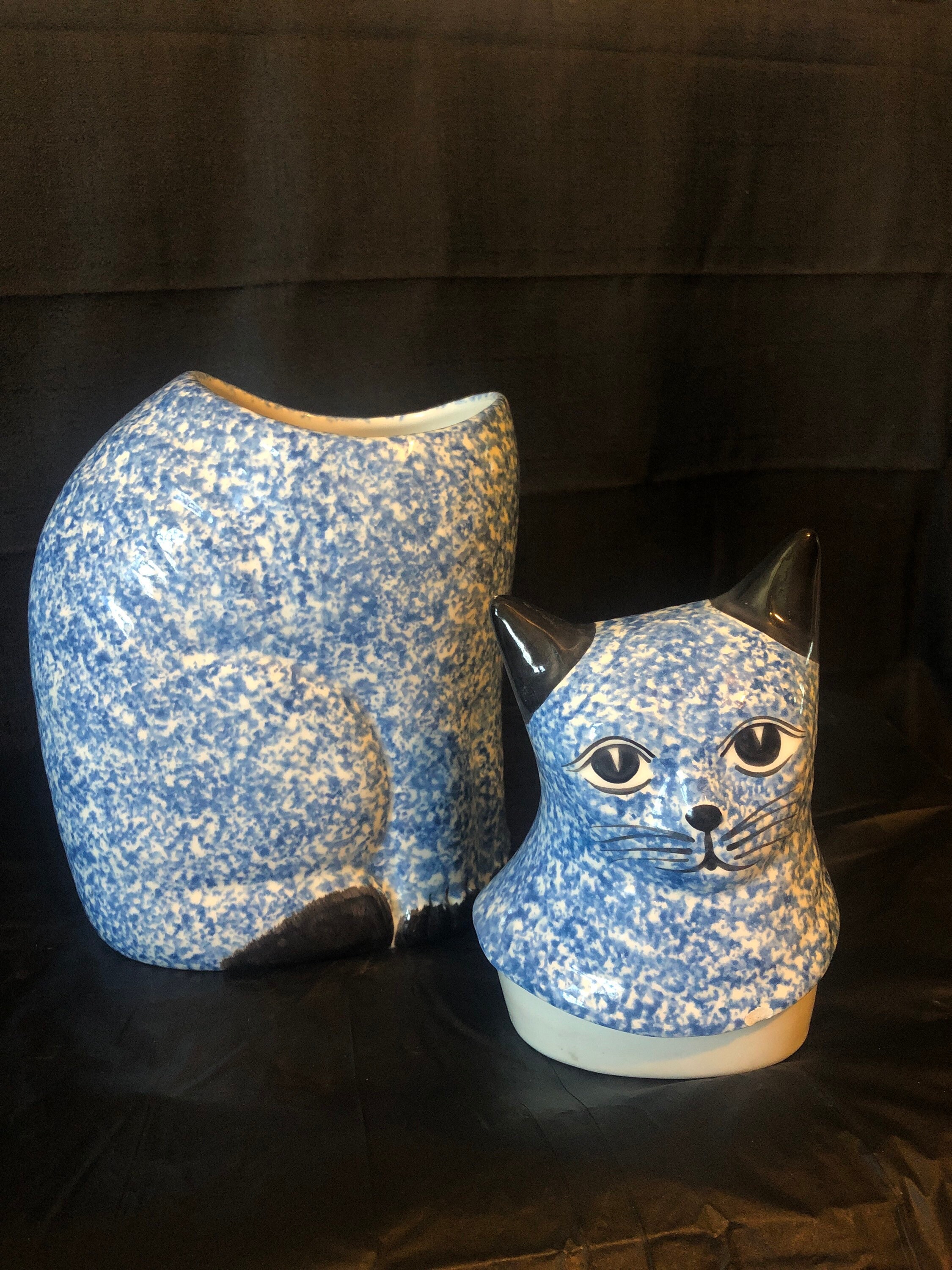 Cat Cookie Jar Folk Art Blue Spongeware Vintage N.S. Gustin Etsy