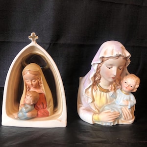 Outstanding Blessed Mother Virgin Mary porcelain bust planters; Japan circa 1950 set of 2
