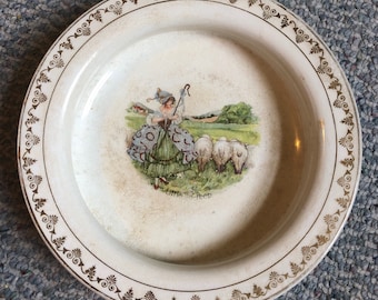 Gres antiguo Holdfast baby plate transferware dorado Little Bo Peep
