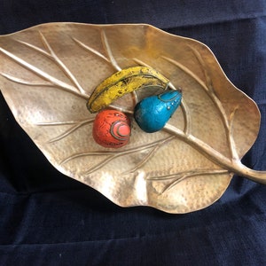 Brass detailed leaf tray, solid brass Extra large 2’ long on small pedestal balls, Circa 1970
