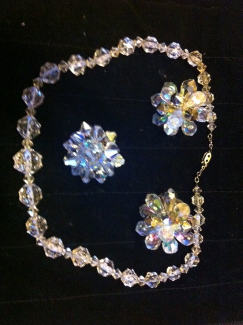 White crystal glass necklace and brooch vintage chunky starbursts