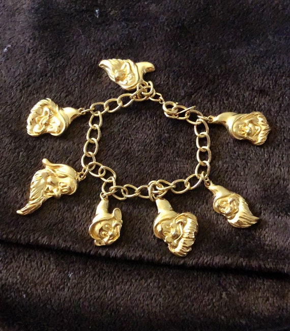 Snow white 7 dwarfs gold tone charm bracelet By D… - image 1