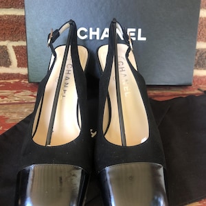 Chanel Cambon EU 37.5 USA 7.5 black patent toe capped sling backs with original box and dust bags