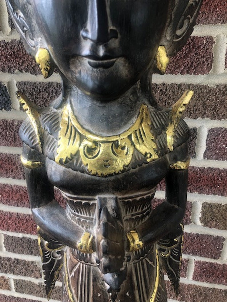 Tall Hindu Goddess 3.5 wood carved figure 42 Indonesian import 24 k gold image 3