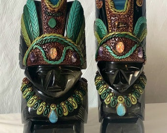 Ancient Mayan stone art figures of silver sheen obsidian with gemstones of opal jade Larimar tiger eye and amethyst