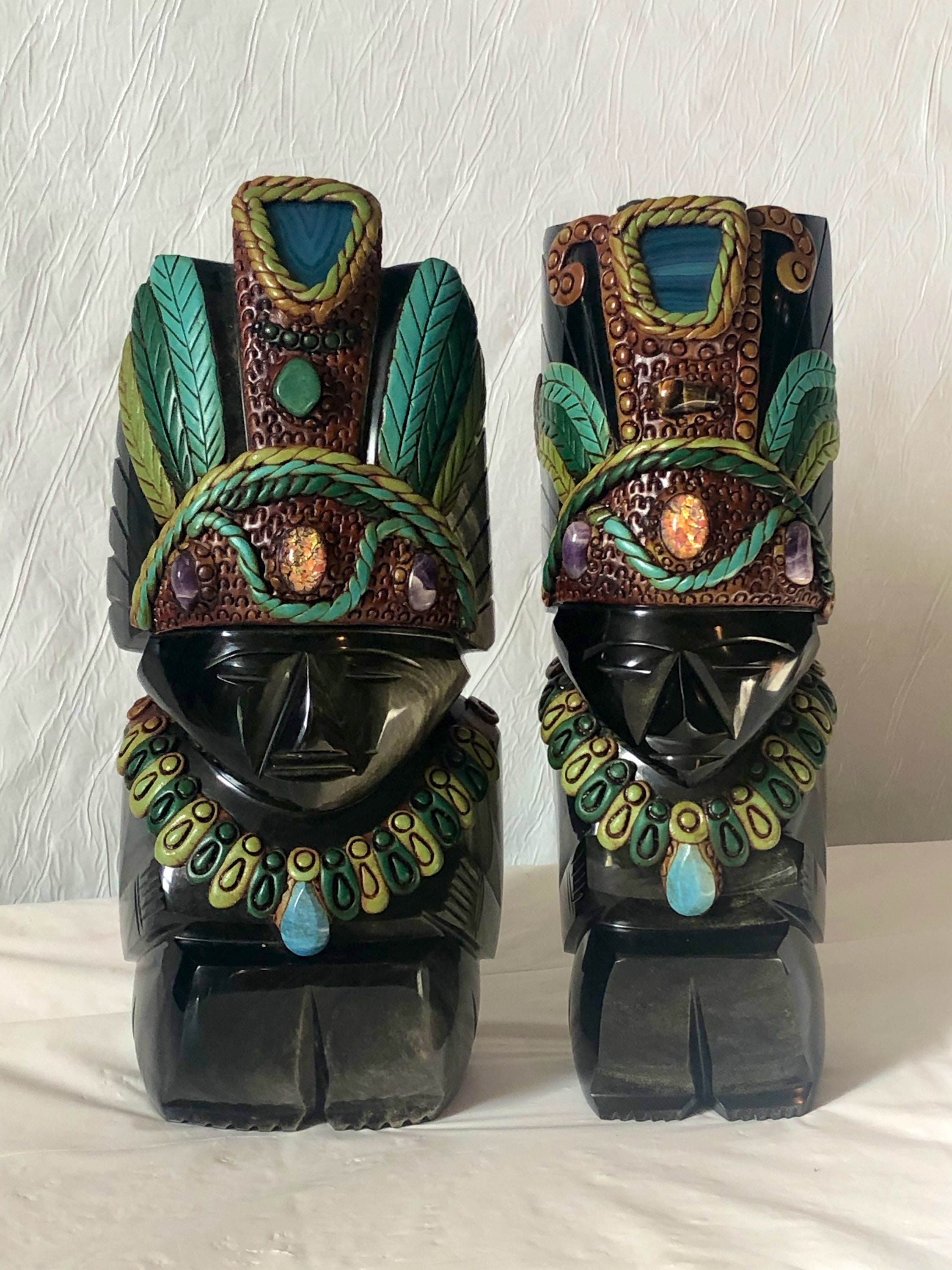 Ancient Mayan Stone Art Figures of Silver Sheen Obsidian