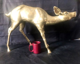 Deer fawn standing brass extra large 34” life size, realistic details midcentury