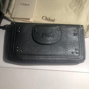 Chloe slate grey leather stuffed king zip wallet in box and dust bag; new old stock