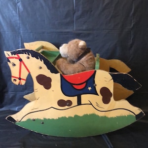 Rocking horse mid century  wood USA with sit in bench