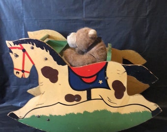 Rocking horse mid century  wood USA with sit in bench