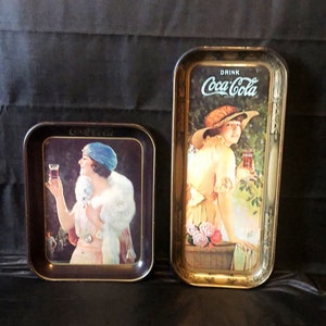 Coca-Cola Gibson girl tin trays circa 1970; rare party girl tray 1925 reproductions