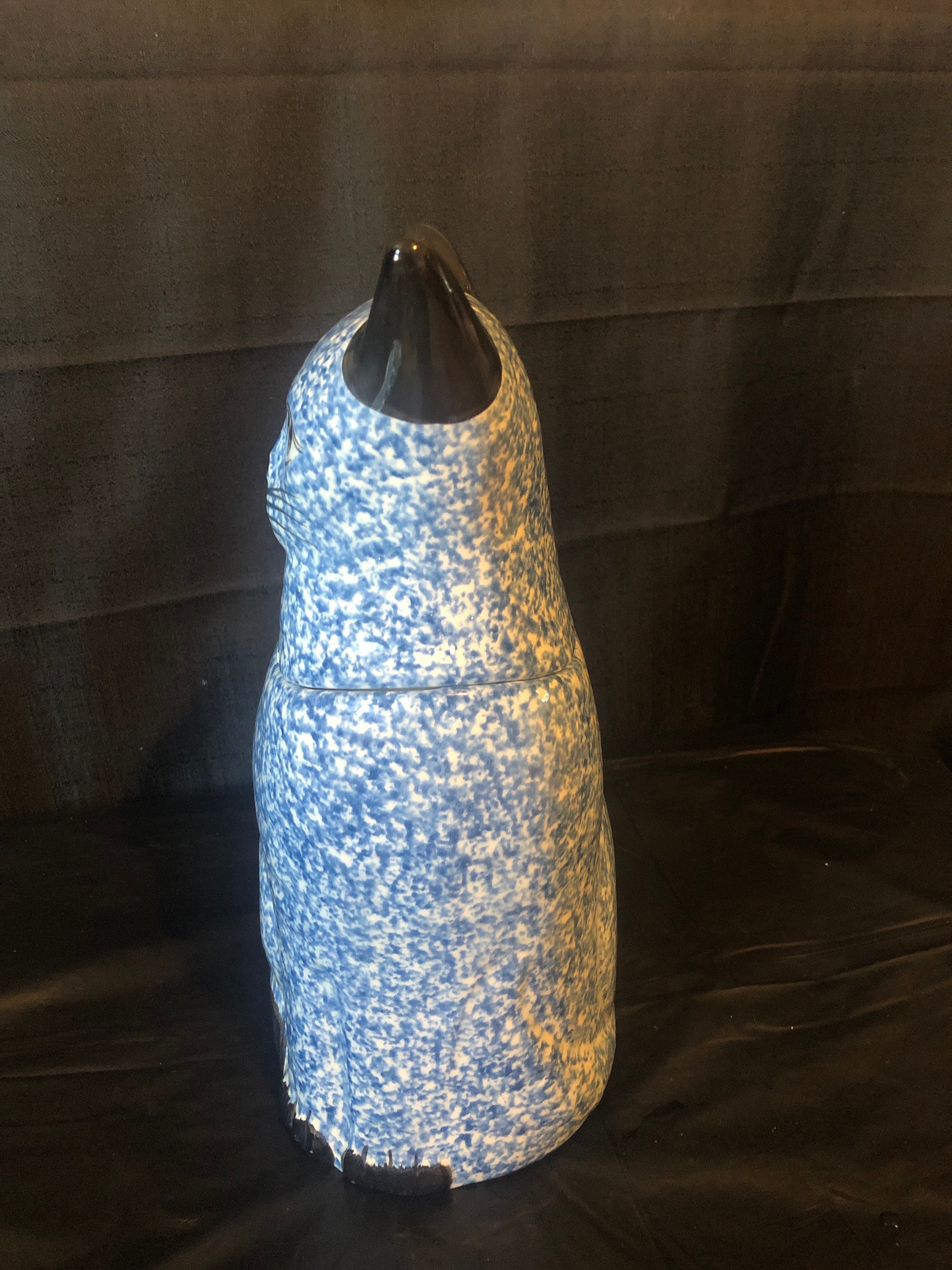 Cat Cookie Jar Folk Art Blue Spongeware Vintage N.S. Gustin Etsy