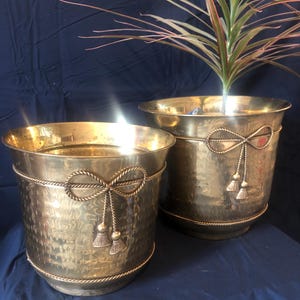 May include: Two hammered brass planters with rope and tassel details. The planters have a shiny finish and are of different sizes. One planter contains a green and red plant. The planters are on a dark blue background.