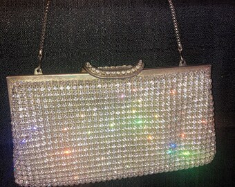 Exquisite Austrian crystal evening bag; clear stones iridescent shine metal frame: short chain, Walborg  vintage Hong Kong