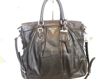 Prada authentic Vitelli soft leather Nero (black) bag with authenticity cards - large purse with top and shoulder straps