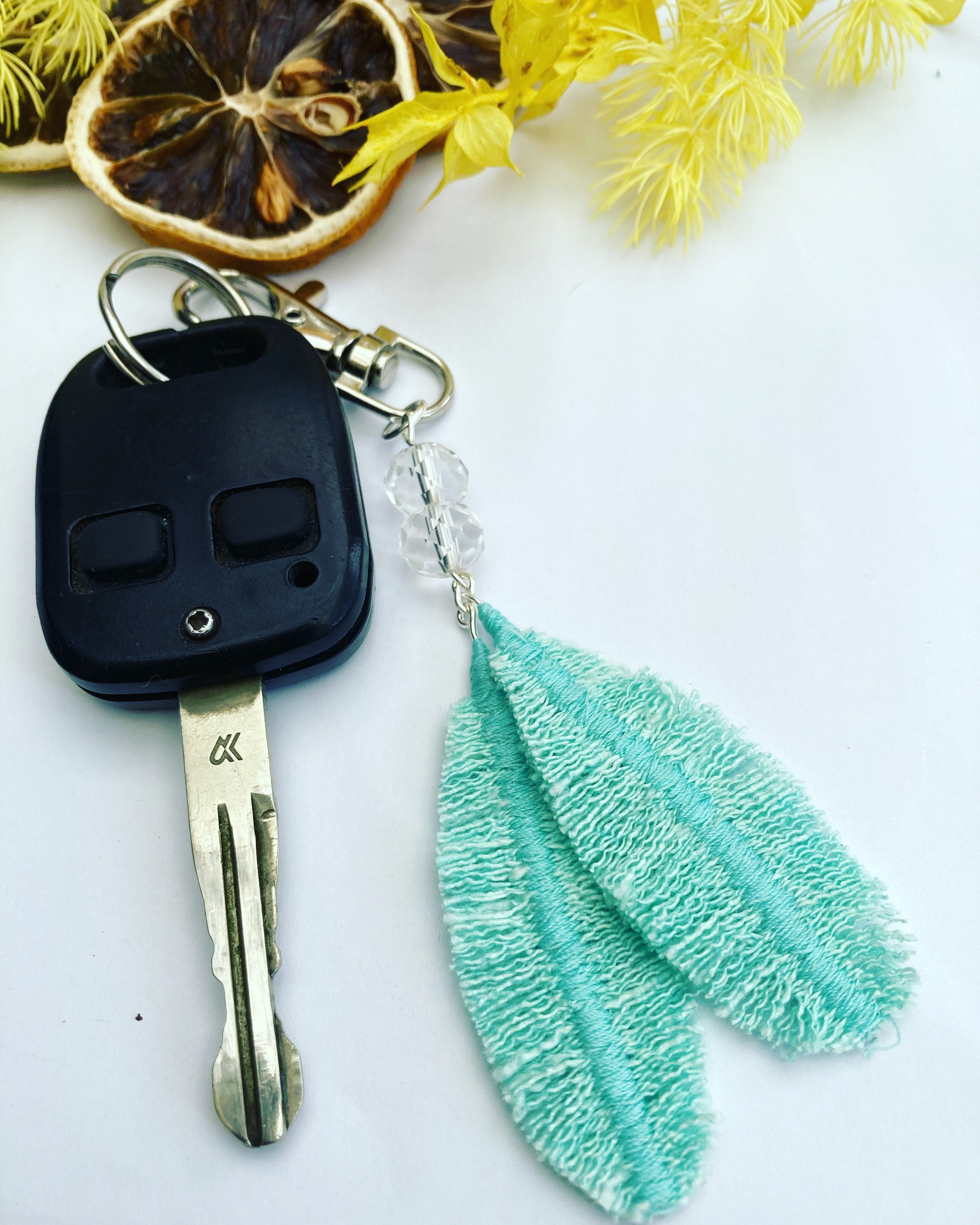Denim feather keychain, fabric keychain, sustainable fashion,  upcycled accessories