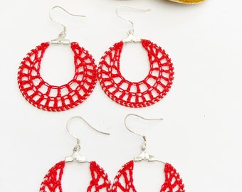 Red crochet hoop earrings, crochet earrings, crochet jewelry, gifts for her, crochet hoops