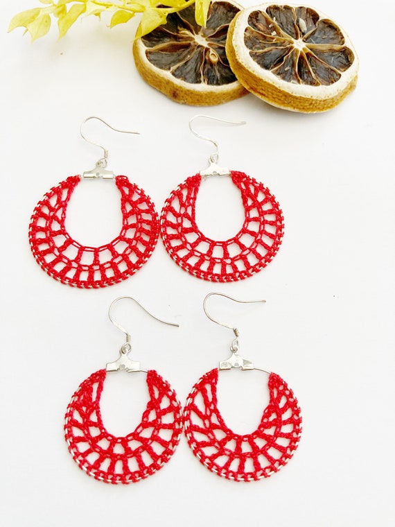 Pendientes de aro de crochet rojos, pendientes de crochet, joyas