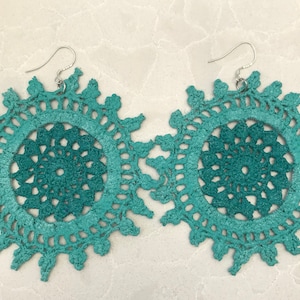 Teal doily earrings, lace earrings, crochet earrings, gifts for her