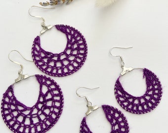 Dark Purple crochet hoop earrings, crochet earrings, crochet jewelry, gifts for her, purple crochet hoops