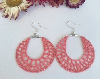 Flamingo pink crochet hoop earrings, crochet earrings, crochet jewelry, gifts for her,