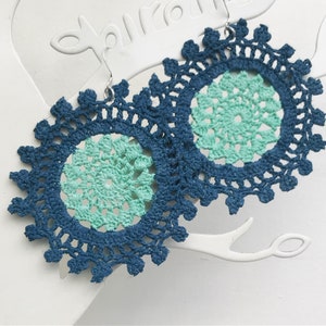 Lace doily earrings, tatted earrings, gifts for her, blue and teal earrings, wagon wheel earrings, crochet earrings