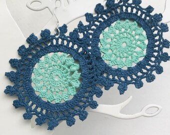 Lace doily earrings, tatted earrings, gifts for her, blue and teal earrings, wagon wheel earrings, crochet earrings