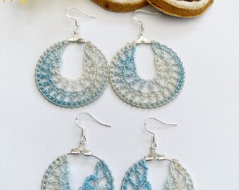 Blue and white crochet hoop earrings, crochet earrings, crochet jewelry, gifts for her,  crochet hoops