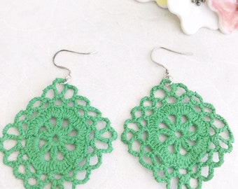 green doily earrings, crochet earrings, crochet jewelry, crochet accessories, tatted lace earrings, gifts for her,