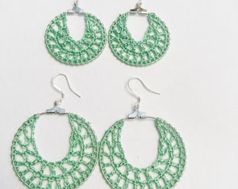 Light green crochet hoop earrings, crochet earrings, crochet jewelry, gifts for her, purple crochet hoops