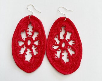 Statement earrings, red lace earrings, gifts for her, doily earrings