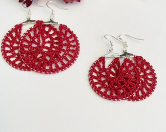 Dark Red crochet hoop earrings, crochet earrings, crochet jewelry, gifts for her, crochet hoops