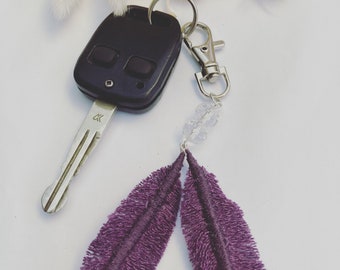 Denim feather keychain, fabric keychain, sustainable fashion,  upcycled accessories