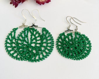 Dark  green crochet hoop earrings, crochet earrings, crochet jewelry, gifts for her, green  crochet hoops