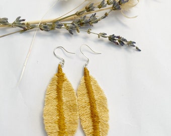 Denim feather earrings, fabric earrings, mustard denim earrings