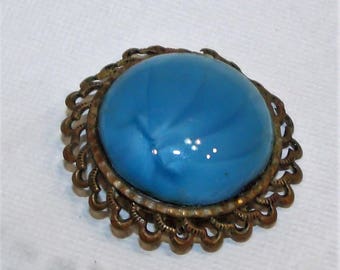 Vintage Western Germany Blue Slag Glass Filigree Brooch