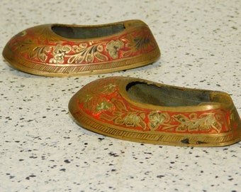 Vintage Lacquered Brass Slipper Ashtrays: Red Gold Midcentury decor